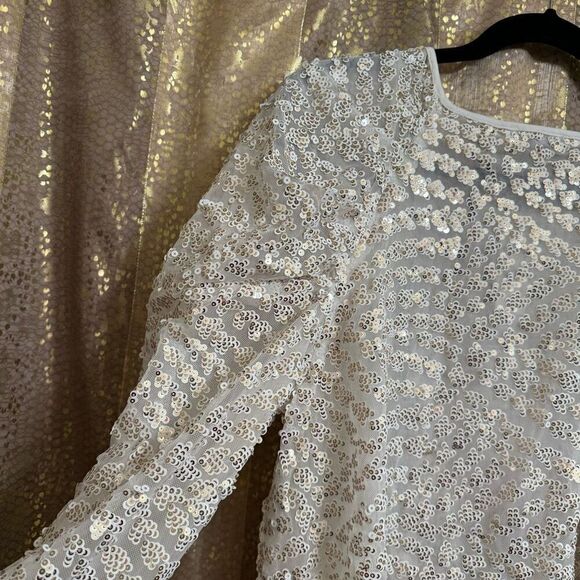 Express Ivory Gold Sparkly Sequin Puff Long Sleeve Blouse Large NWT - Picture 6 of 7